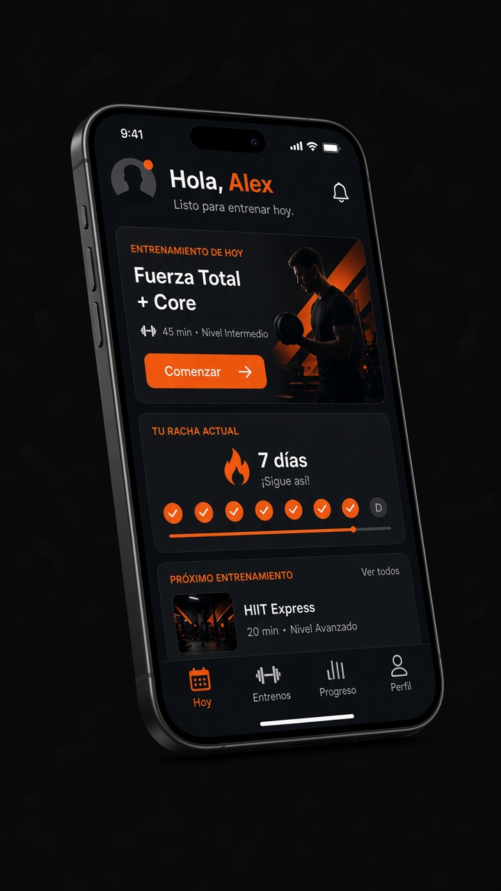 App de miembros con el entrenamiento del día y la racha semanal